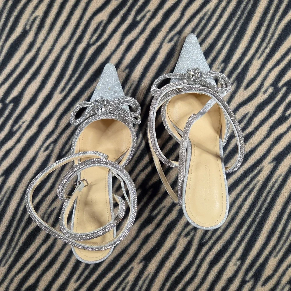 Mach & Mach Silver Glitter Double Bow Crystal Ankle Strap Pumps Heels IT 39